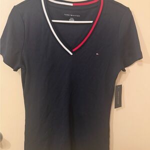 Tommy Hilfiger Navy V-Neck Short Sleeve Tee with Red & White Trim